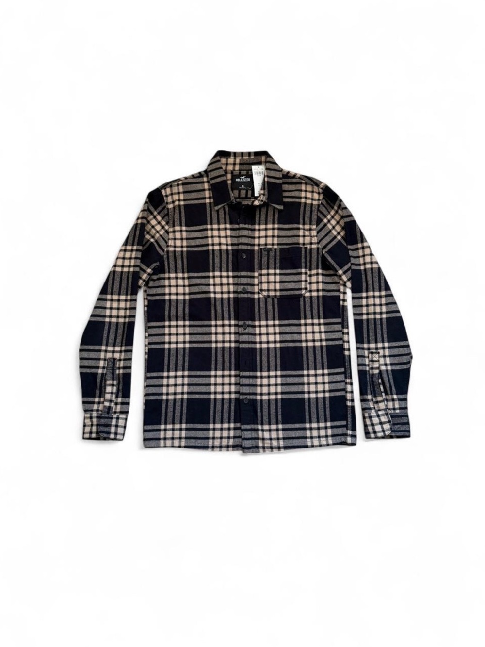 Hollister Navy and Cream Plaid Long-Sleeve Button-Down Shirt